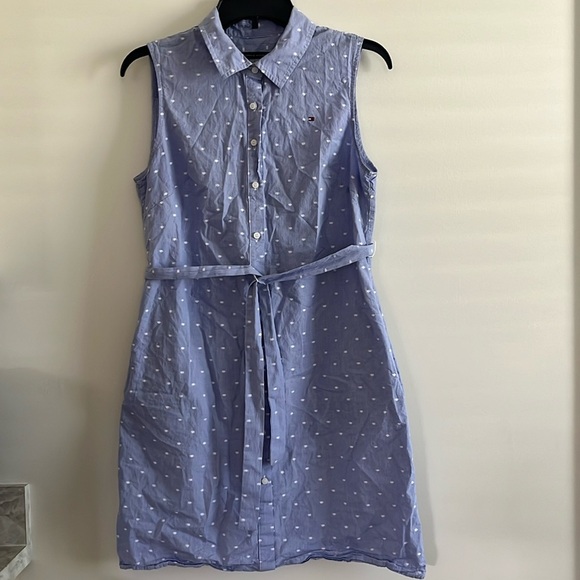 Tommy Hilfiger Classic Button Down Collared Sun Dress Sz 8 Blue Polka Dot White - Picture 2 of 12